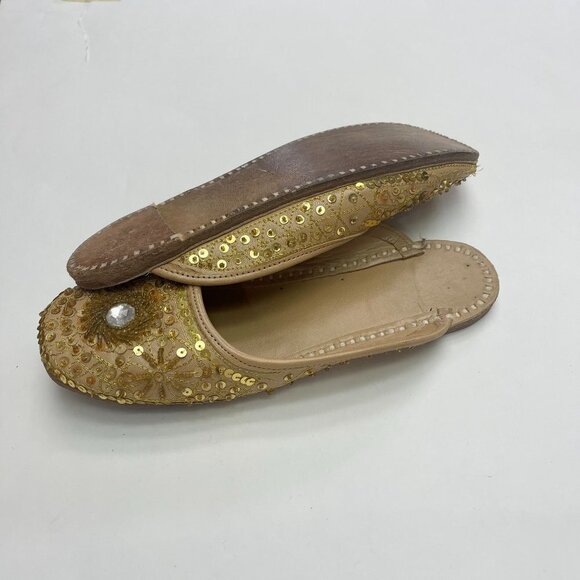 Sequined Embroidered Leather Flat Shoes Boho Flats Hand Made in India US Size 37 - Picture 9 of 10